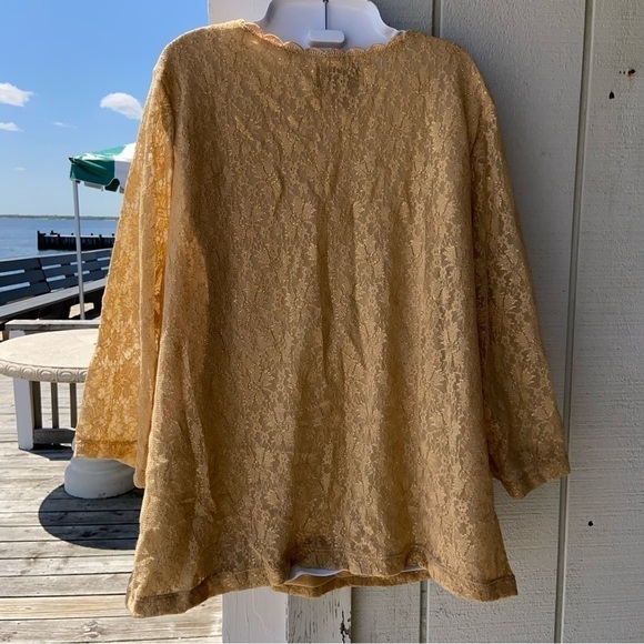 Avenue X gold lace sparkling top with scalloped wide vee neckline. 3/4 sleeves - Picture 4 of 8